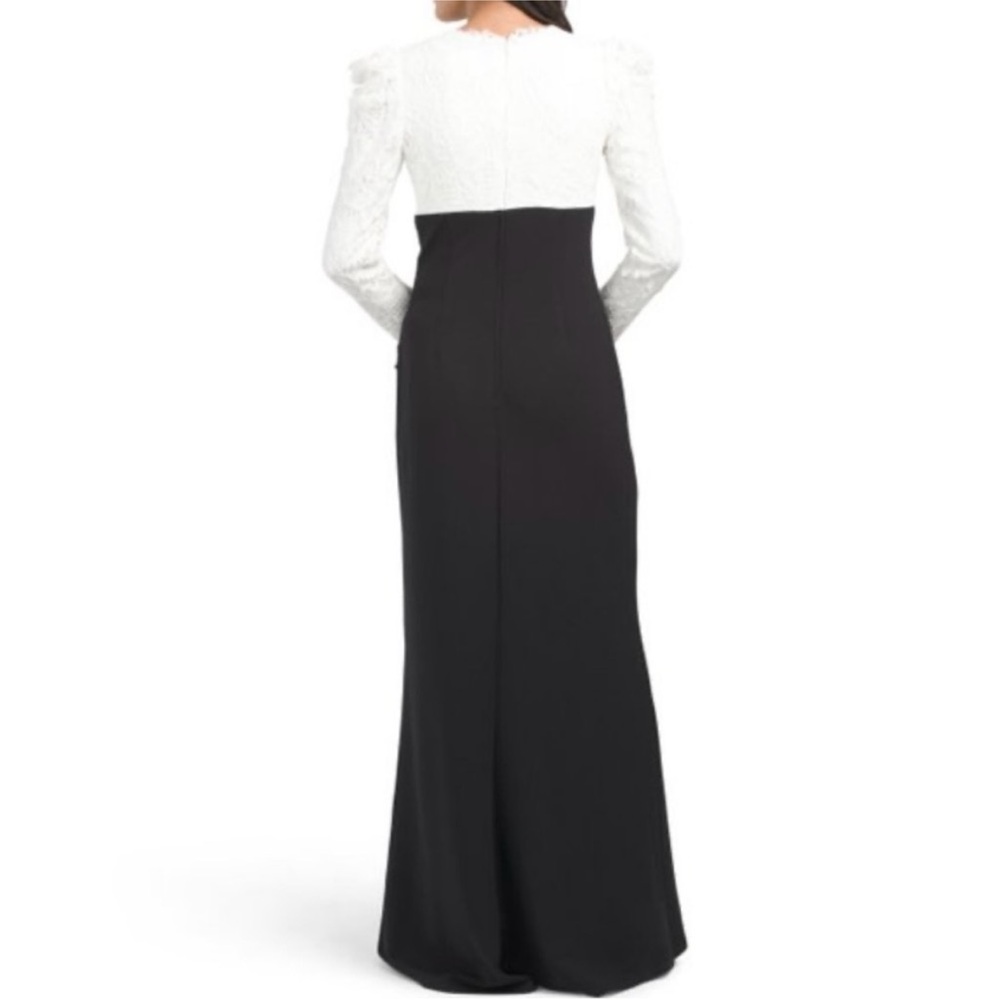 TADASHI SHOJI Ivory White Black Marshal Crepe Lace Maxi Formal Evening Gown 6 - Picture 2 of 15